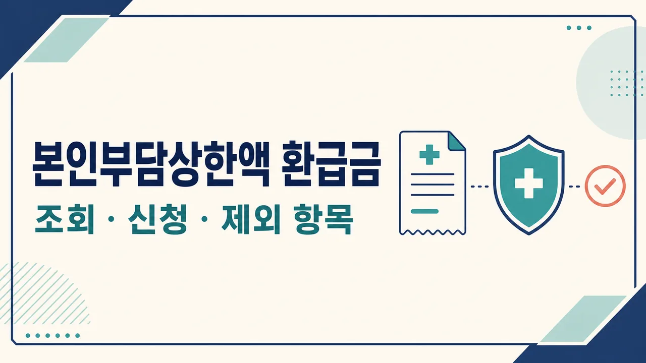 본인부담상한액 환급금 조회와 신청, 제외 항목을 나타낸 영수증과 방패 일러스트